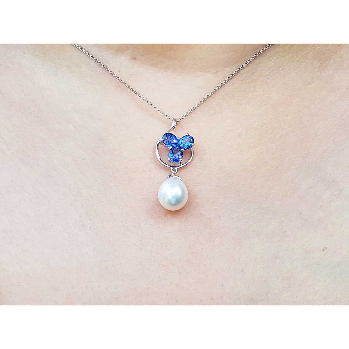 1.76 ct. Natural Sapphire Cluster Necklace Pendant and Dangling Pearl in 14K White Gold
