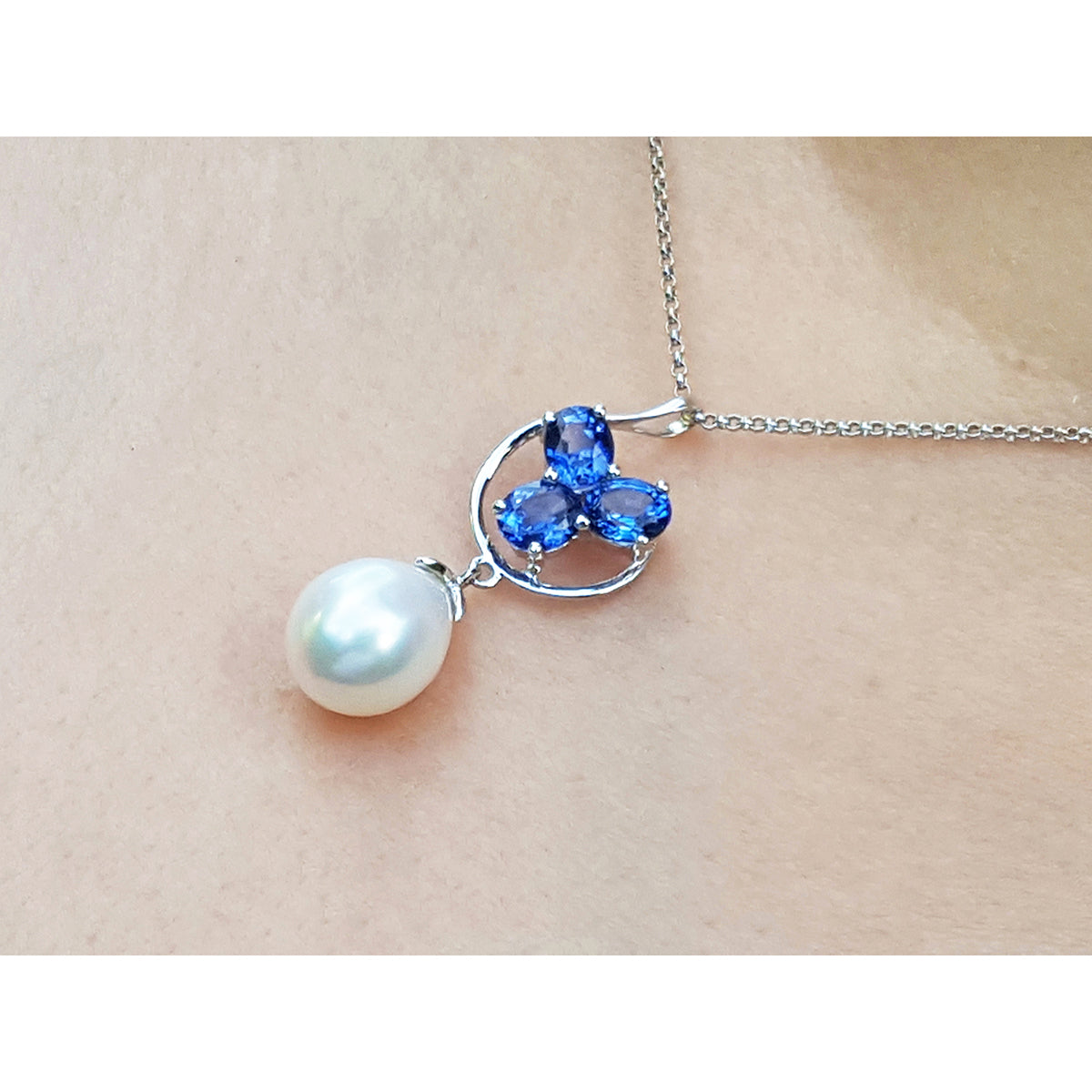 1.76 ct. Natural Sapphire Cluster Necklace Pendant and Dangling Pearl in 14K White Gold