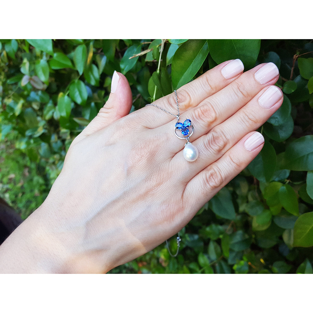 1.76 ct. Natural Sapphire Cluster Necklace Pendant and Dangling Pearl in 14K White Gold