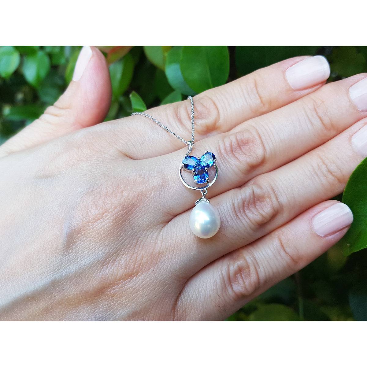 1.76 ct. Natural Sapphire Cluster Necklace Pendant and Dangling Pearl in 14K White Gold