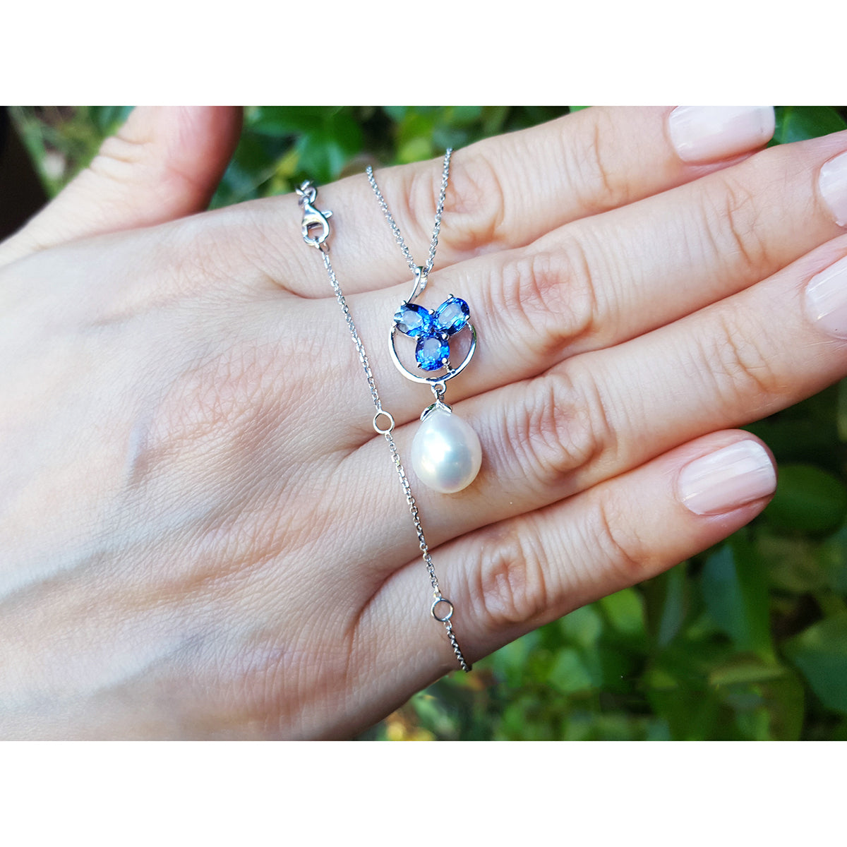 1.76 ct. Natural Sapphire Cluster Necklace Pendant and Dangling Pearl in 14K White Gold