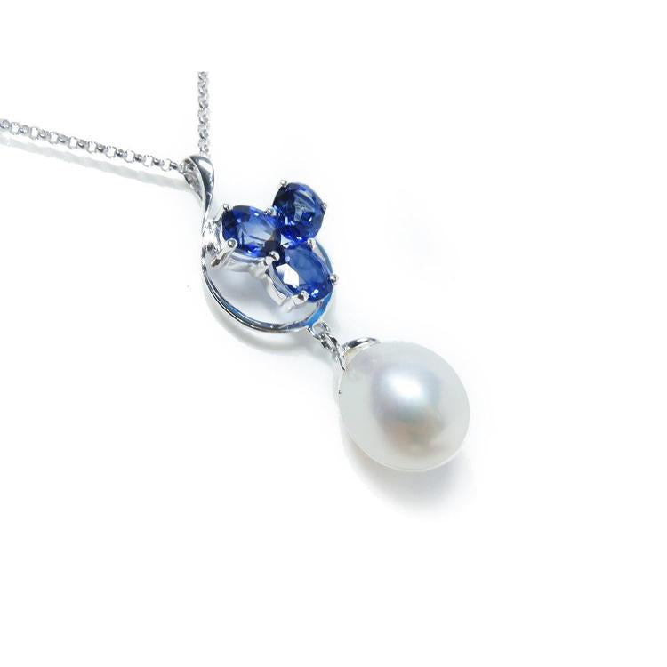 Natural sapphire cluster necklace pendant and dangling pearl white gold, right side profile