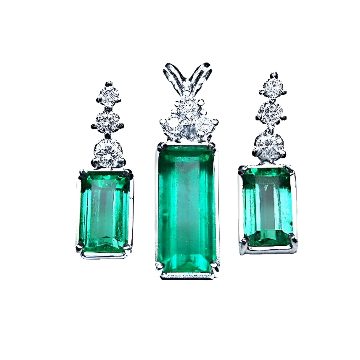 Set of natural colombian emerald earrings with diamond tops, crafted in 14k white gold fine jewelry