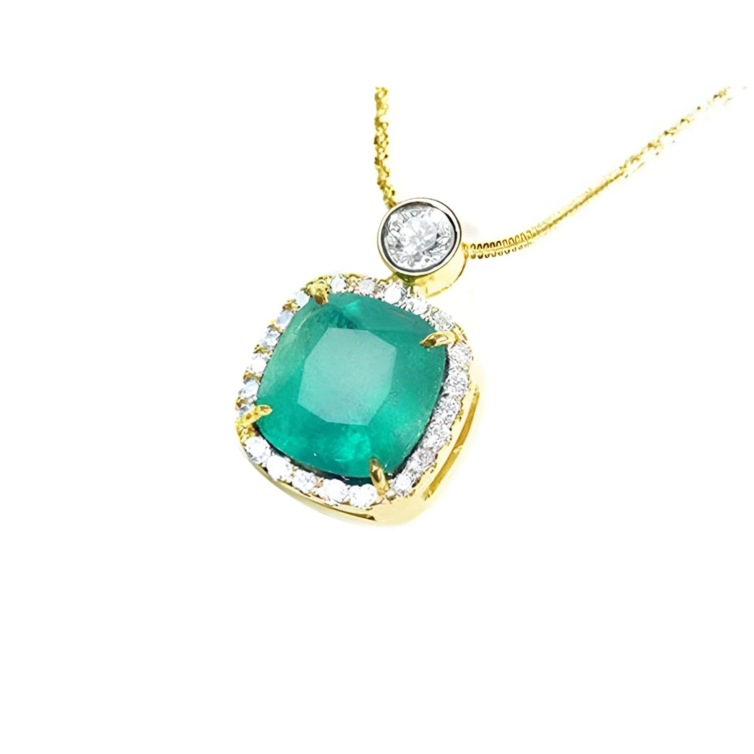 18k gold emerald cushion cut necklace natural 8.07 carats encircled in a halo of natural diamonds.