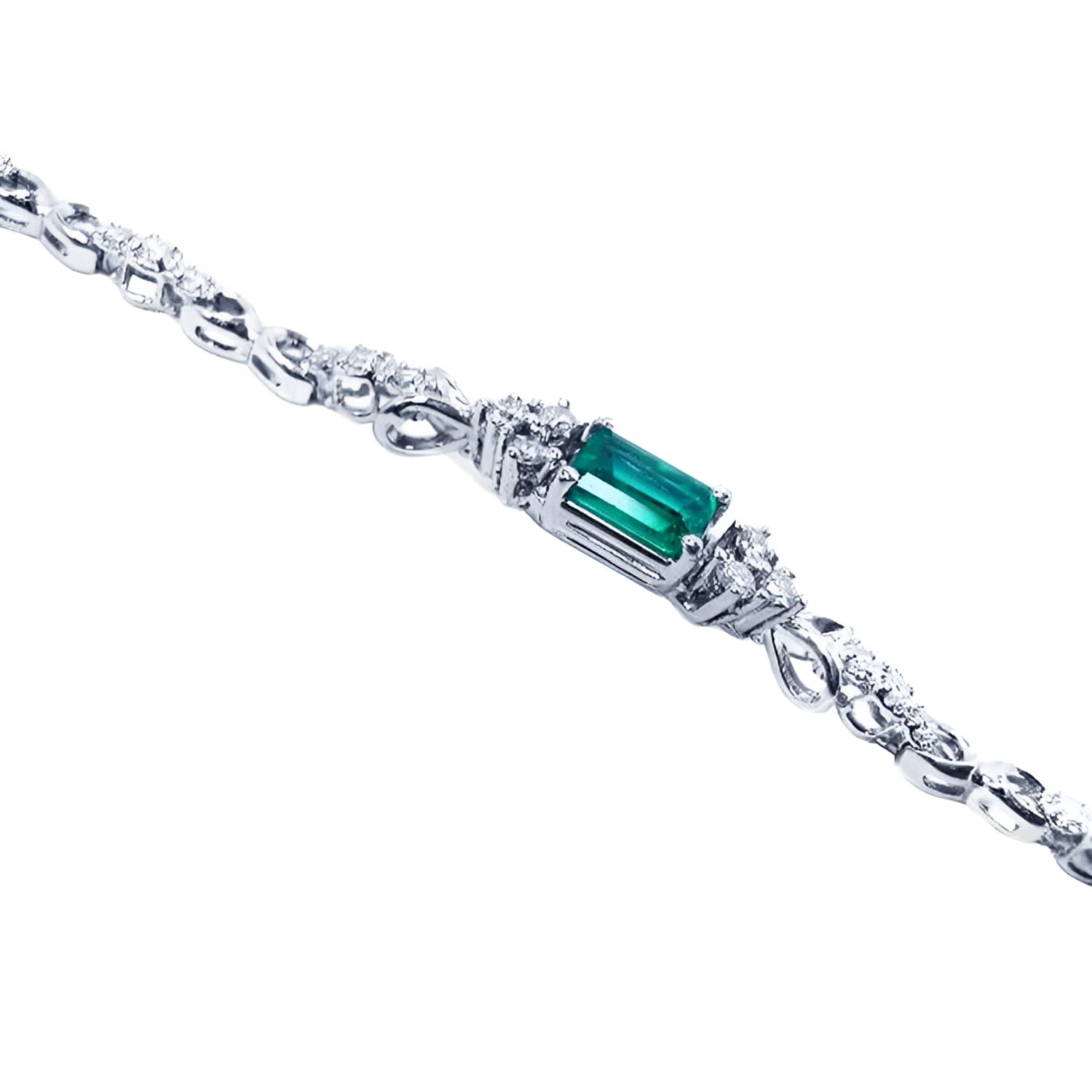 1.08 carat Muzo Colombian emerald bracelet, rectangular emerald-cut, deep bluish-green, with diamond accents in 14K white gold.