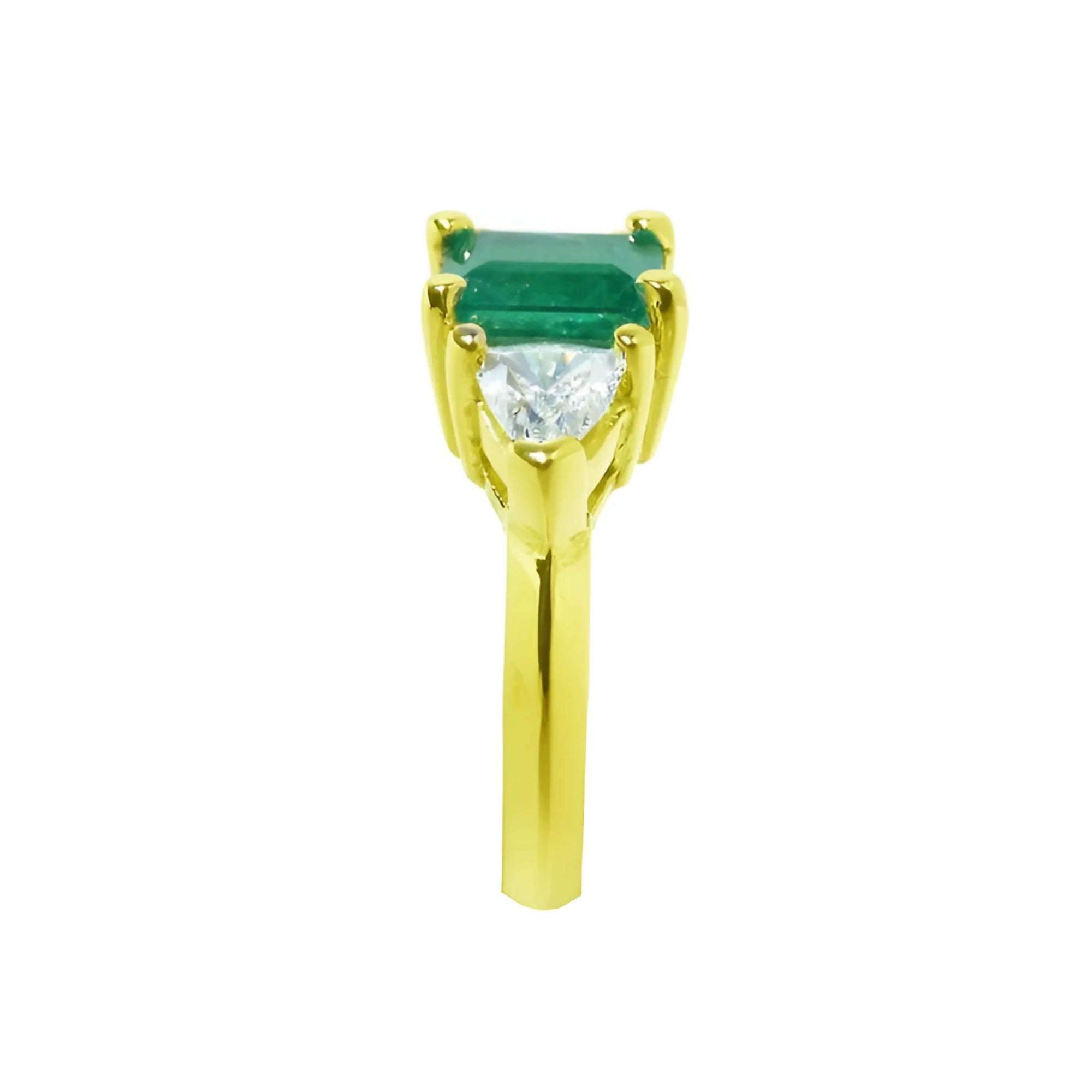18K gold ring with a rectangular emerald center stone and trillion side diamonds.