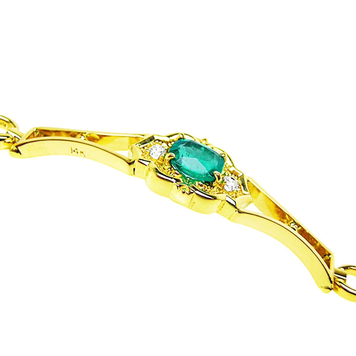 The side profile of a gold bracelet with a genuine emerald and diamonds on a white background.