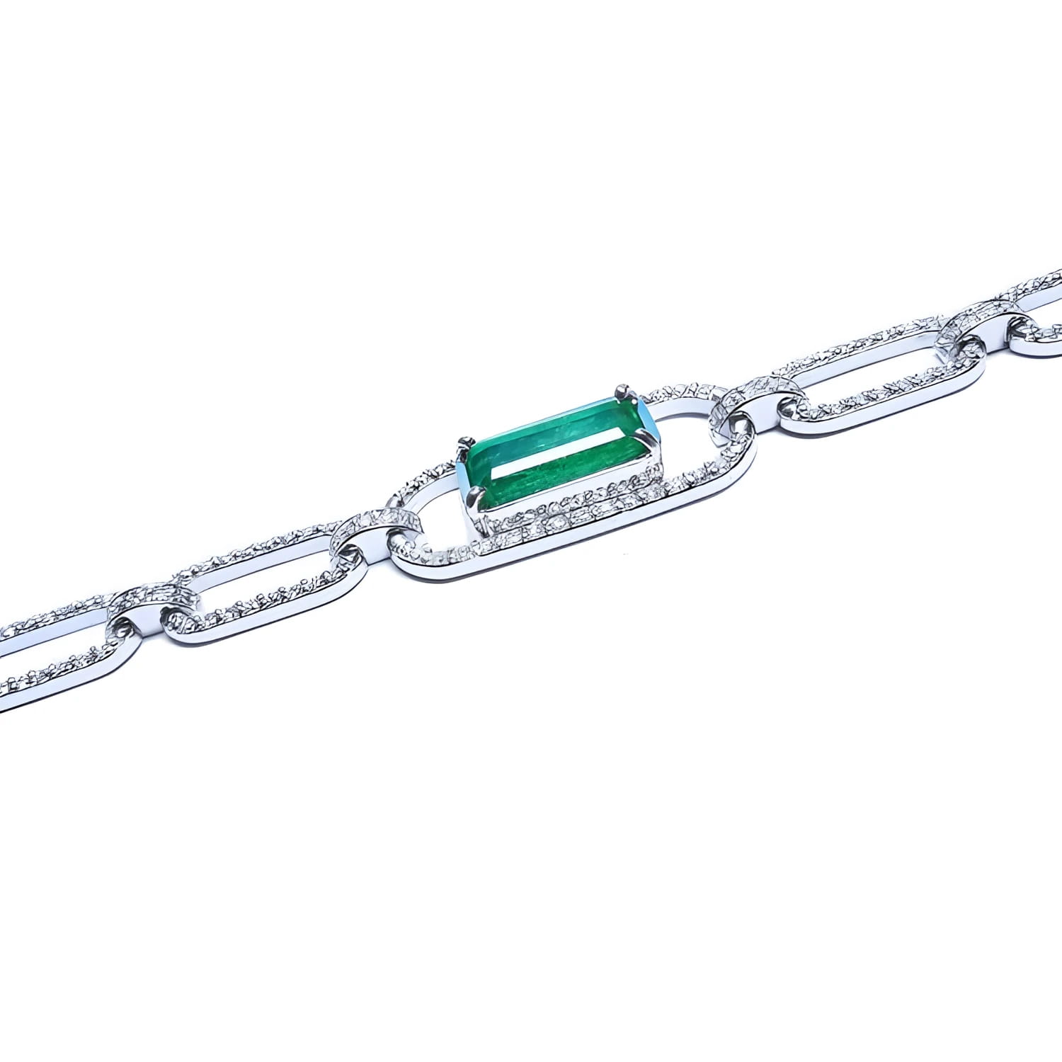 14K white gold paperclip bracelet with a vibrant emerald-cut emerald and diamond halo.