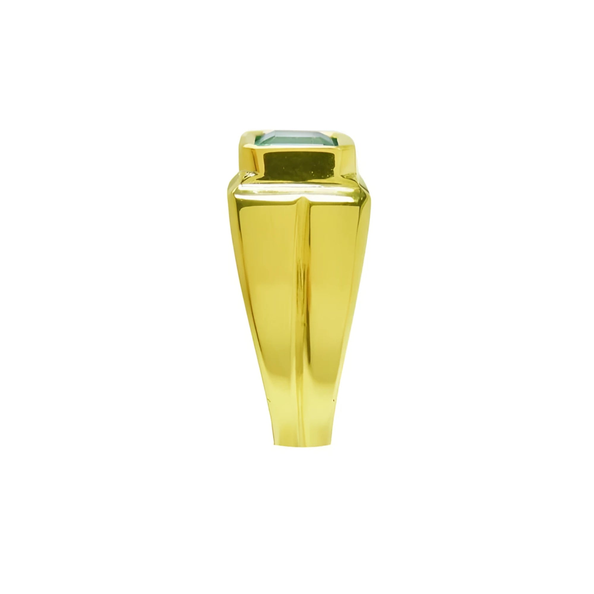 1.53 ct. square Colombian emerald solitaire ring in a protective bezel setting, crafted in 18K yellow gold.