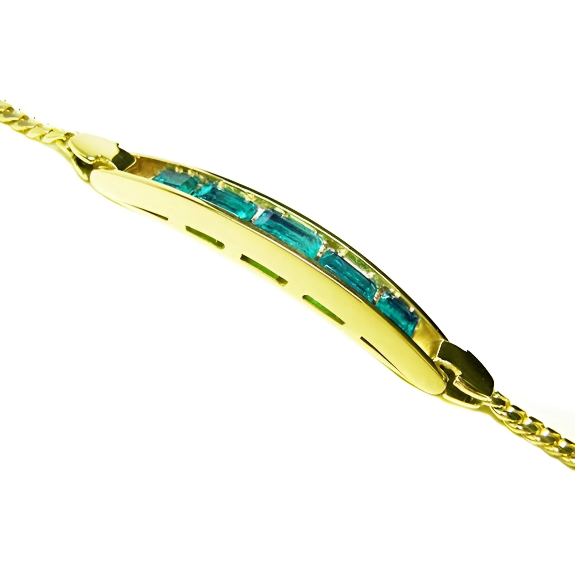 14K yellow gold bracelet with five emerald-cut Colombian emeralds in a bar setting.