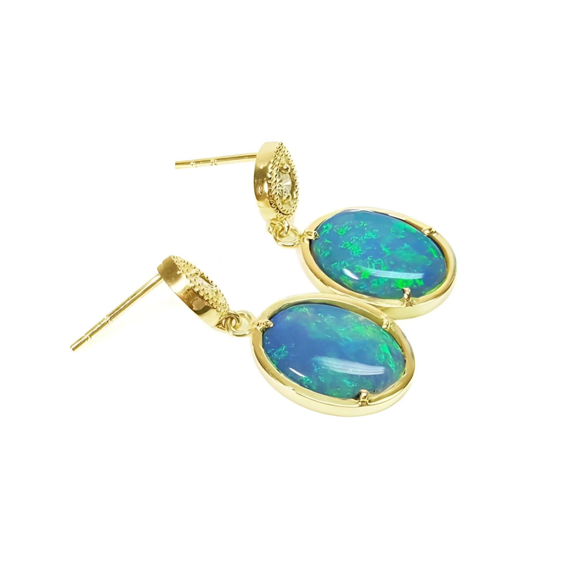 Solid Australian opal earrings with bluish-green play of color, 14K yellow gold, and dangling diamond studs.