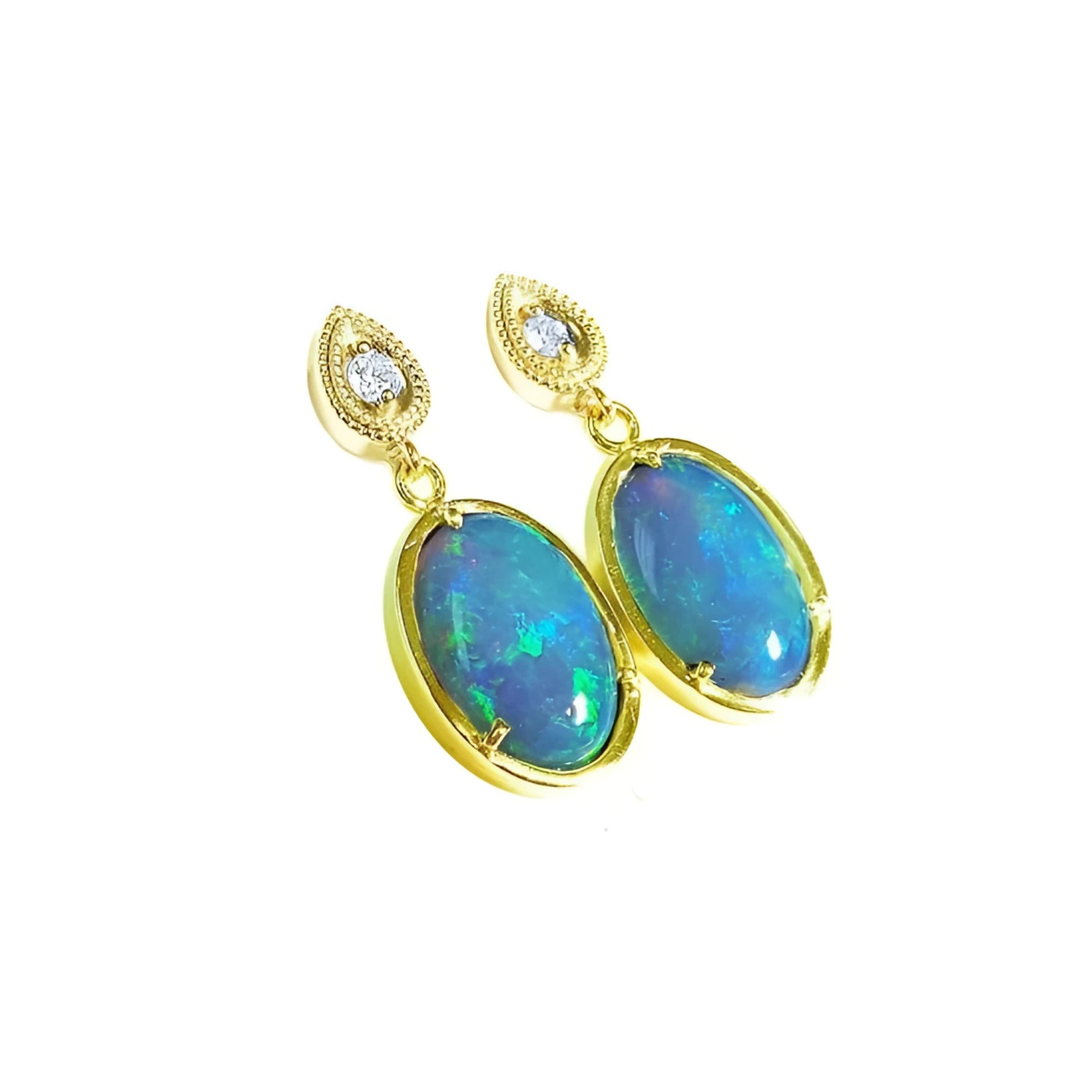 Bluish-green solid Australian opal dangle earrings with diamond studs set in 14K yellow gold.