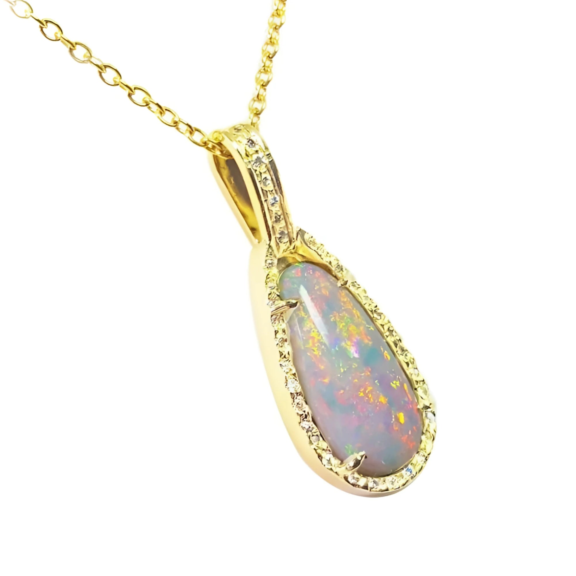4.30 ct. solid Australian opal teardrop pendant with fiery red-orange flashes, halo diamonds, 18K yellow gold chain.