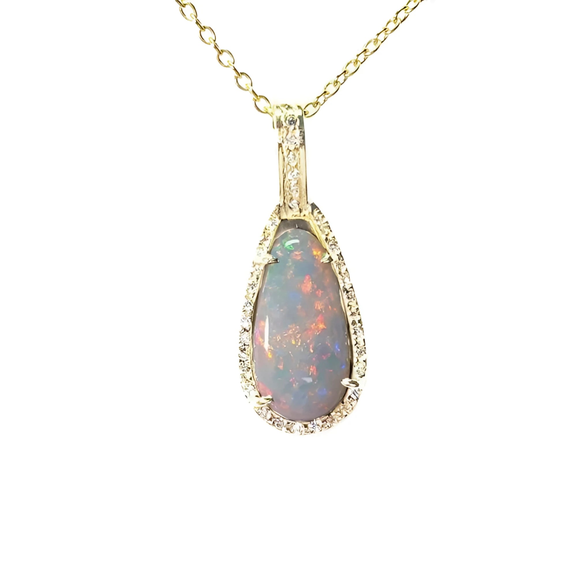 4.30 ct. solid Australian opal pendant with fiery red-orange flashes, halo diamonds, 18K yellow gold.