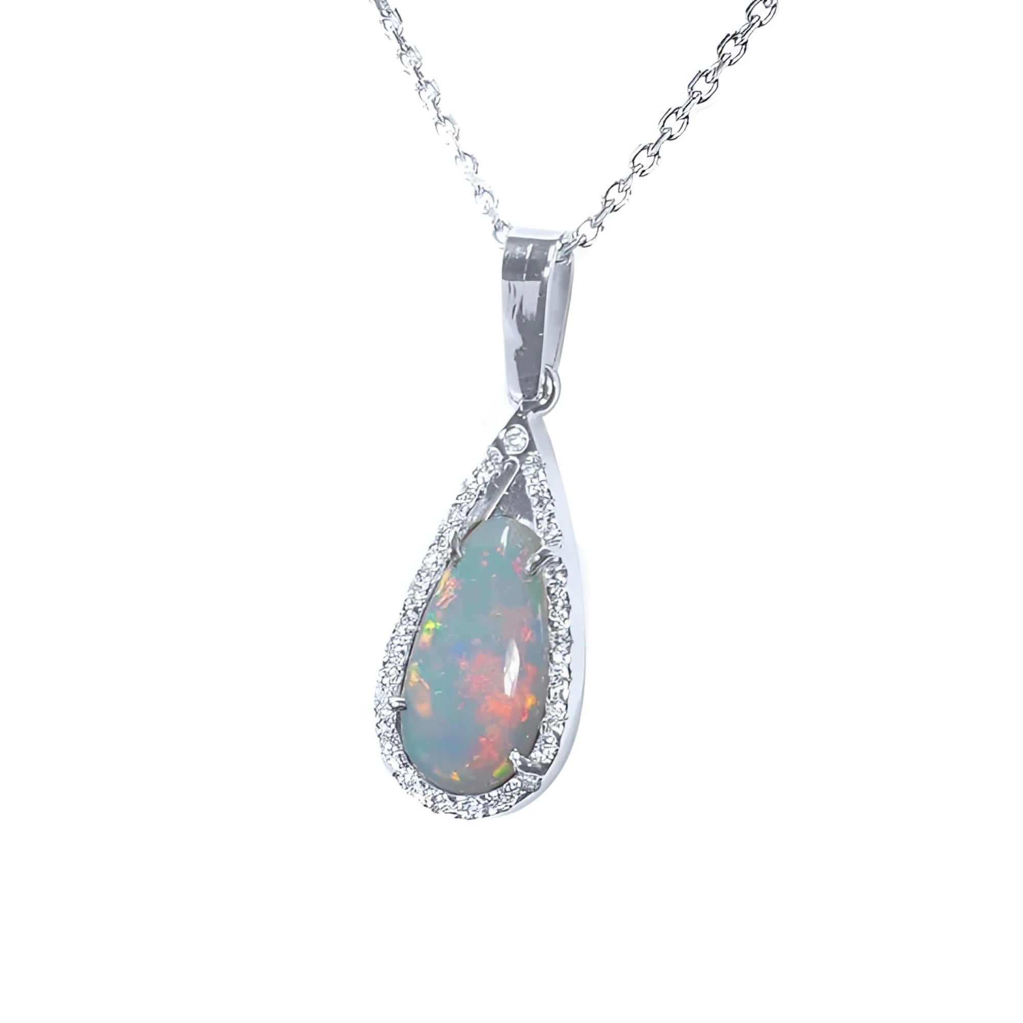 Pear-shaped Australian opal pendant with red-orange play of color, set in 18k white gold with diamonds.