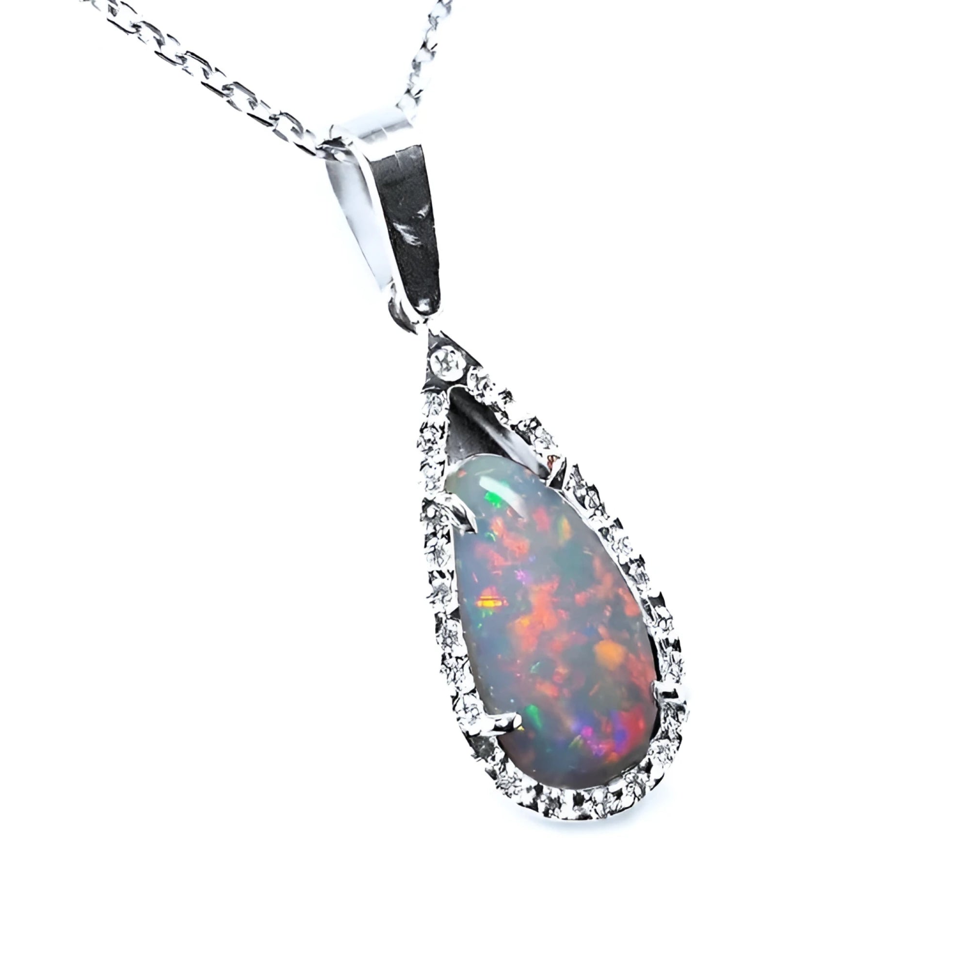 Pear-shaped Australian opal pendant with red-orange play of colors, set in 18k white gold with diamonds.
