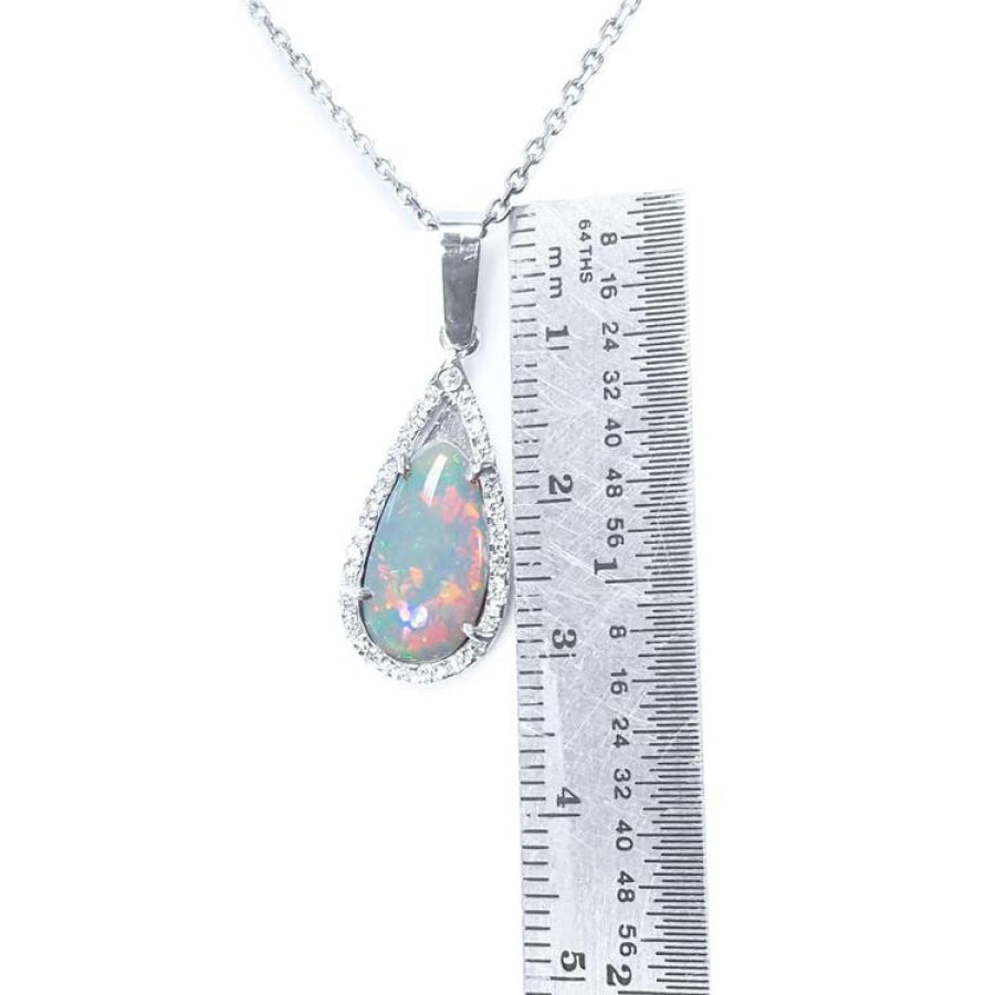 Pear-shaped Australian white opal pendant with red-orange play of colors, set in 18k white gold on a chain.