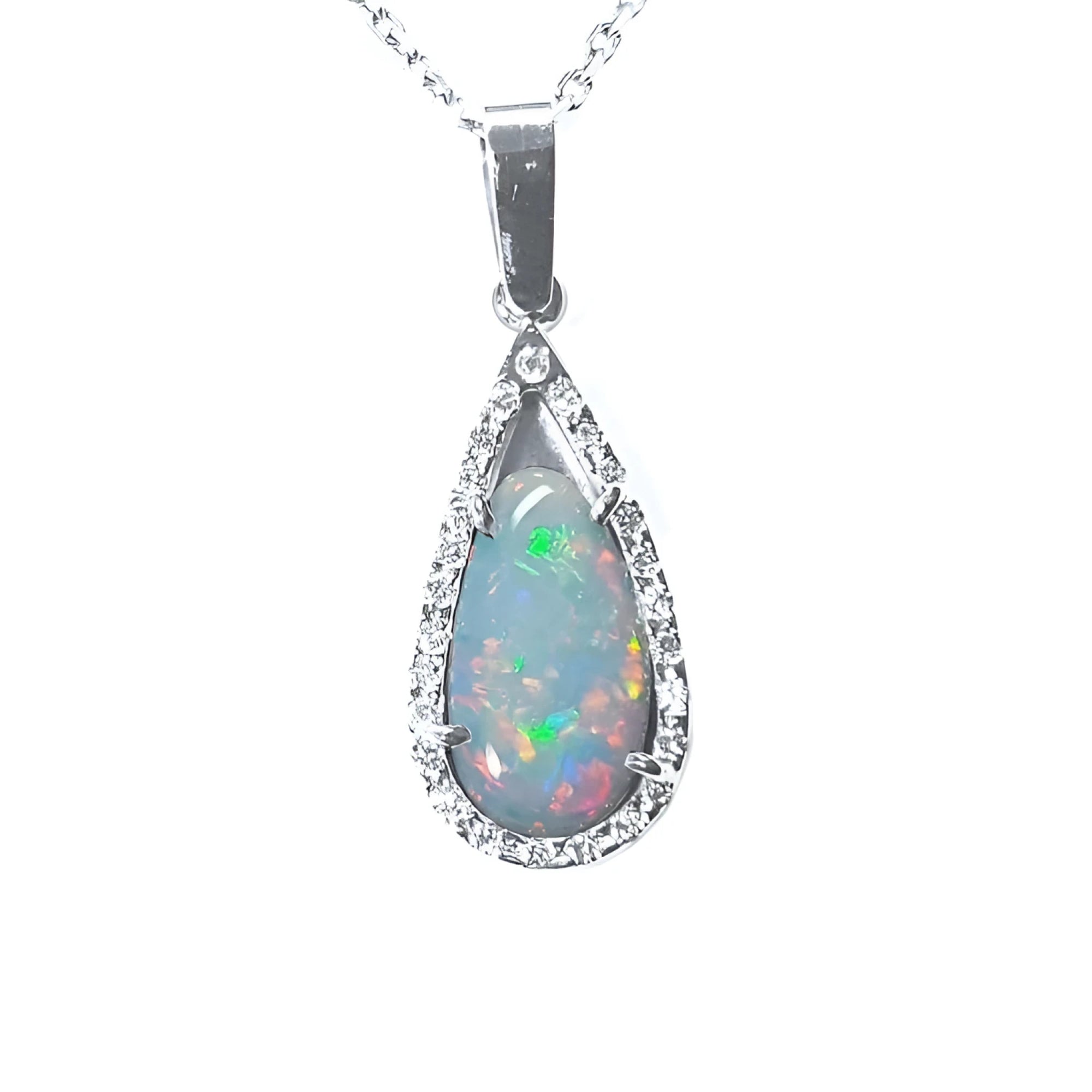Pear-shaped Australian white opal pendant with red-orange play of color, set in 18k white gold with diamond halo.