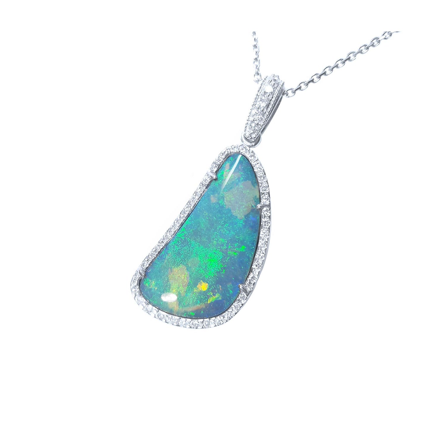 This solid Australian opal is surrounded by a halo of natural diamonds in a white gold frame pendant.