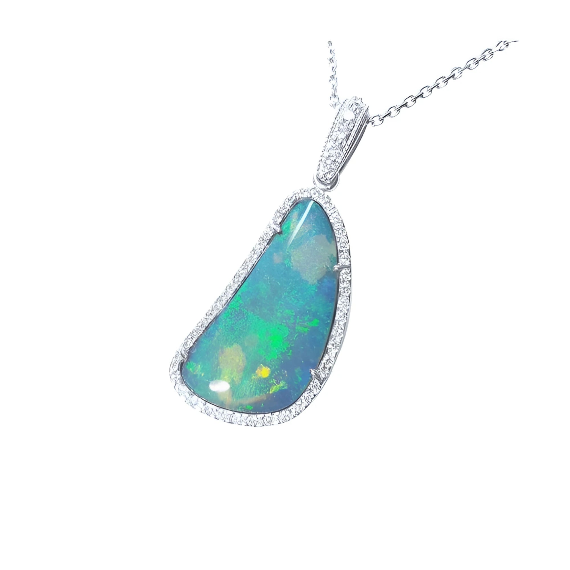 8.17 ct Australian opal pendant with blue-green play of color, halo diamonds, and 18K white gold chain.
