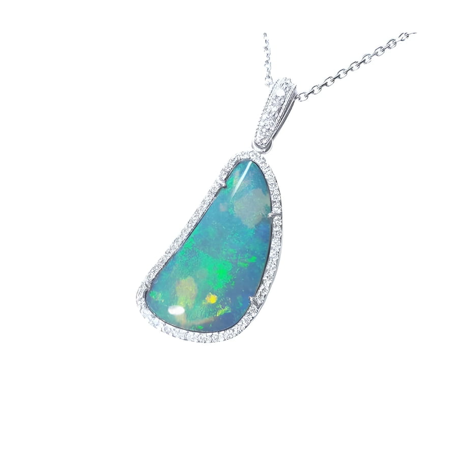 8.17 ct Australian opal pendant with blue-green play of color, halo diamonds, and 18K white gold chain.