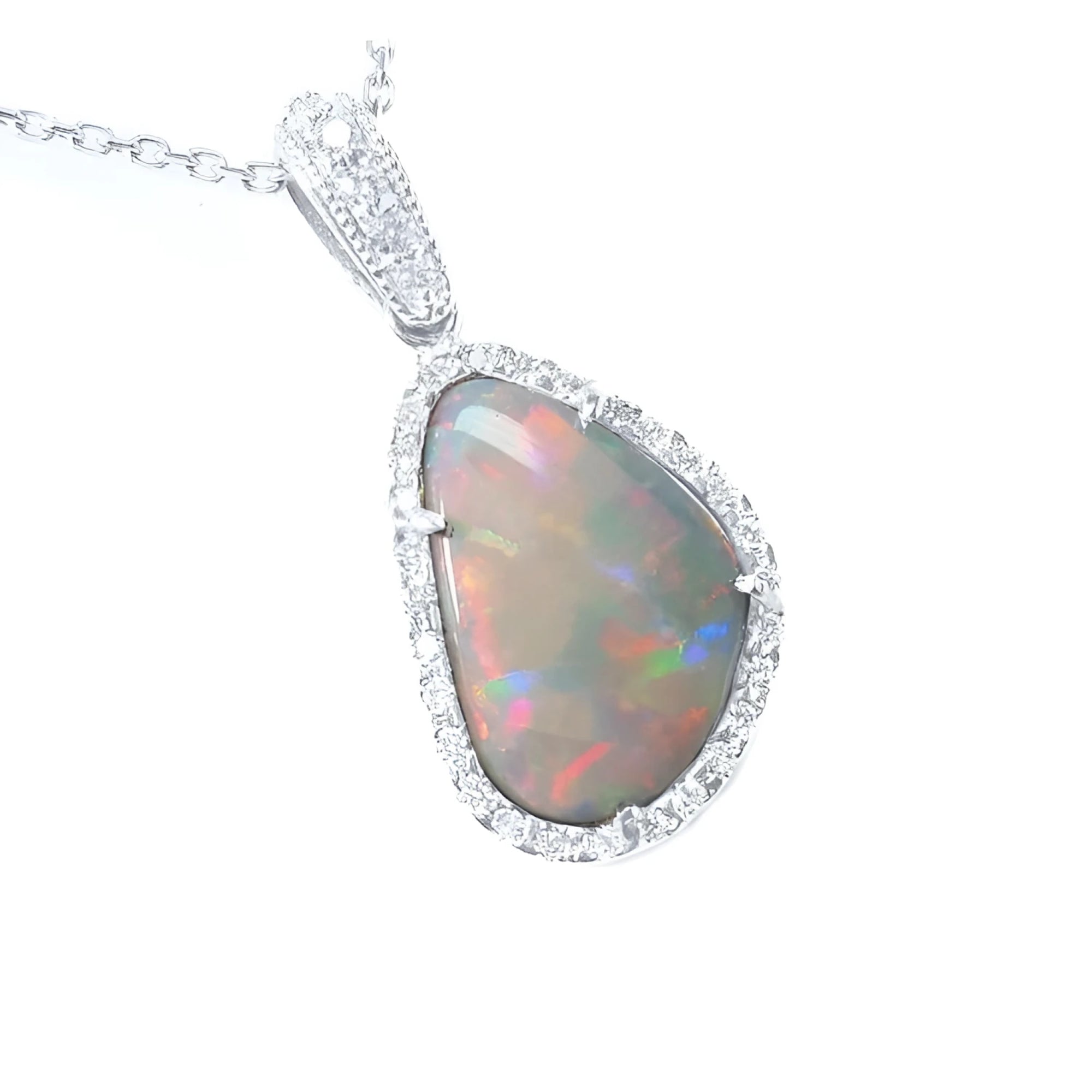 4.78 ct. Australian opal pendant with red/orange flashes, halo diamonds, 18K white gold.