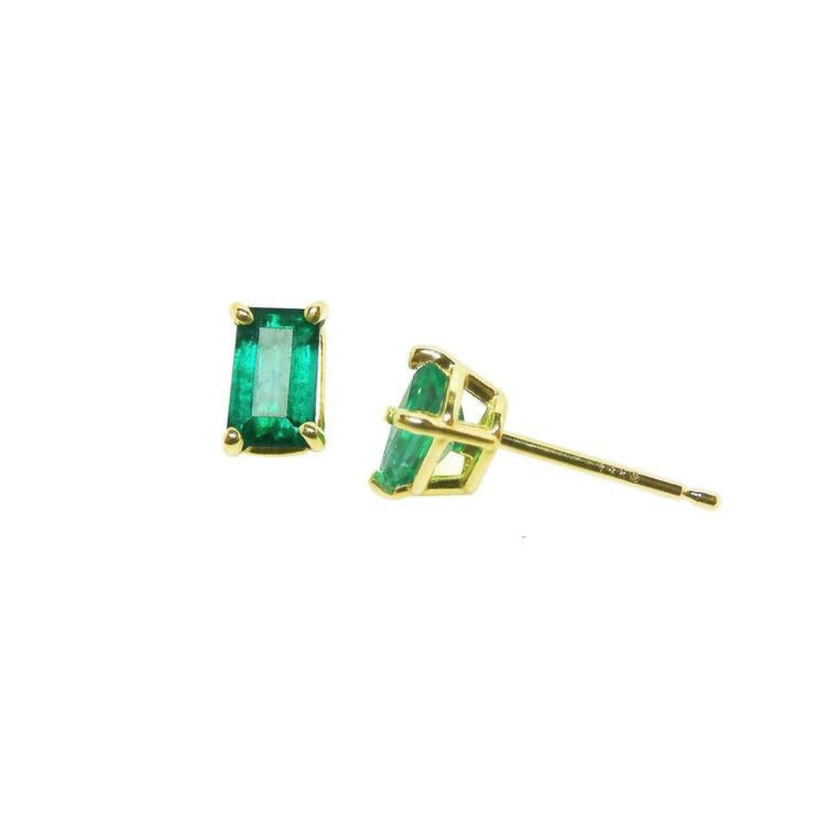Emerald cut emerald stud earrings, 0.78 ct, in 14K yellow gold basket setting with push backs.