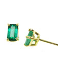 14k yellow gold emerald-cut natural emerald solitaire stud earrings, front and side position profile view.