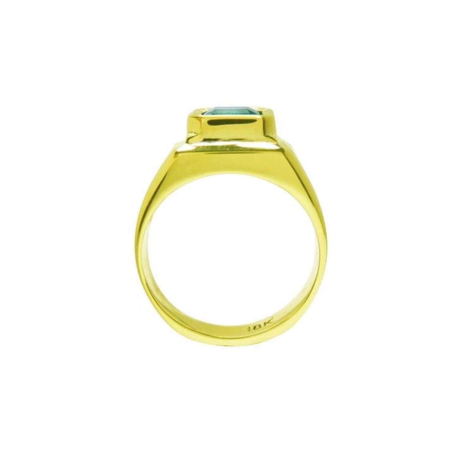 1.53 ct. square emerald bezel set in 18K yellow gold solitaire ring, viewed from the side.