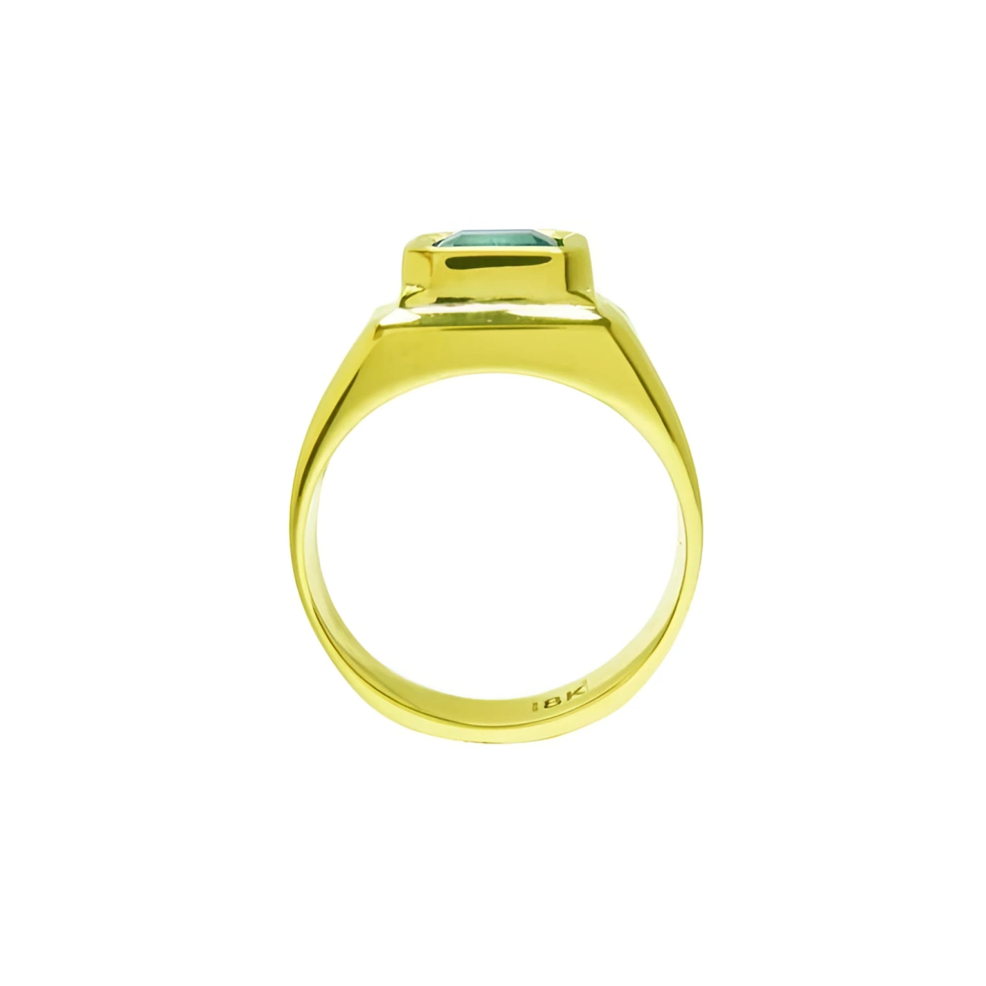 1.53 ct. square emerald bezel set in 18K yellow gold solitaire ring, viewed from the side.