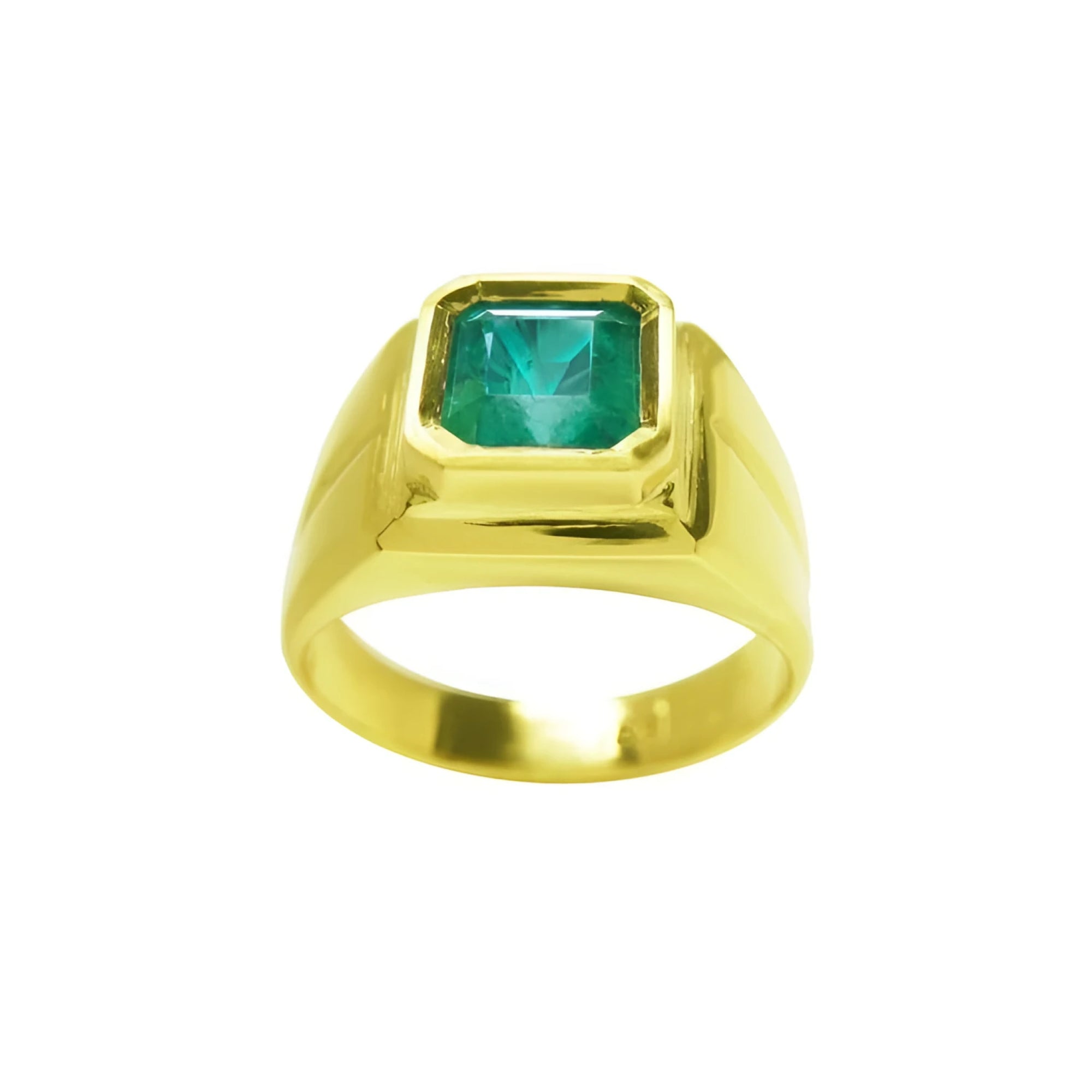 18k gold women's solitaire emerald ring with a bezel set natural colombian emerald, topside view