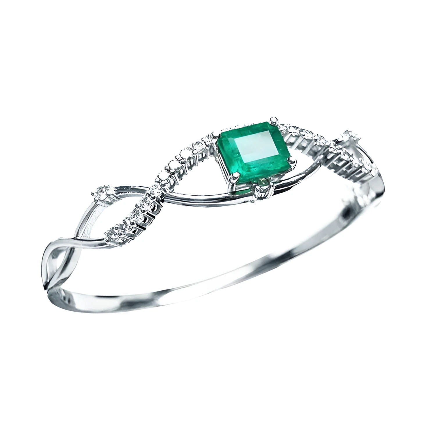 14K white gold bangle with a 3.05 ct emerald-cut emerald and 0.93 ct natural diamonds.