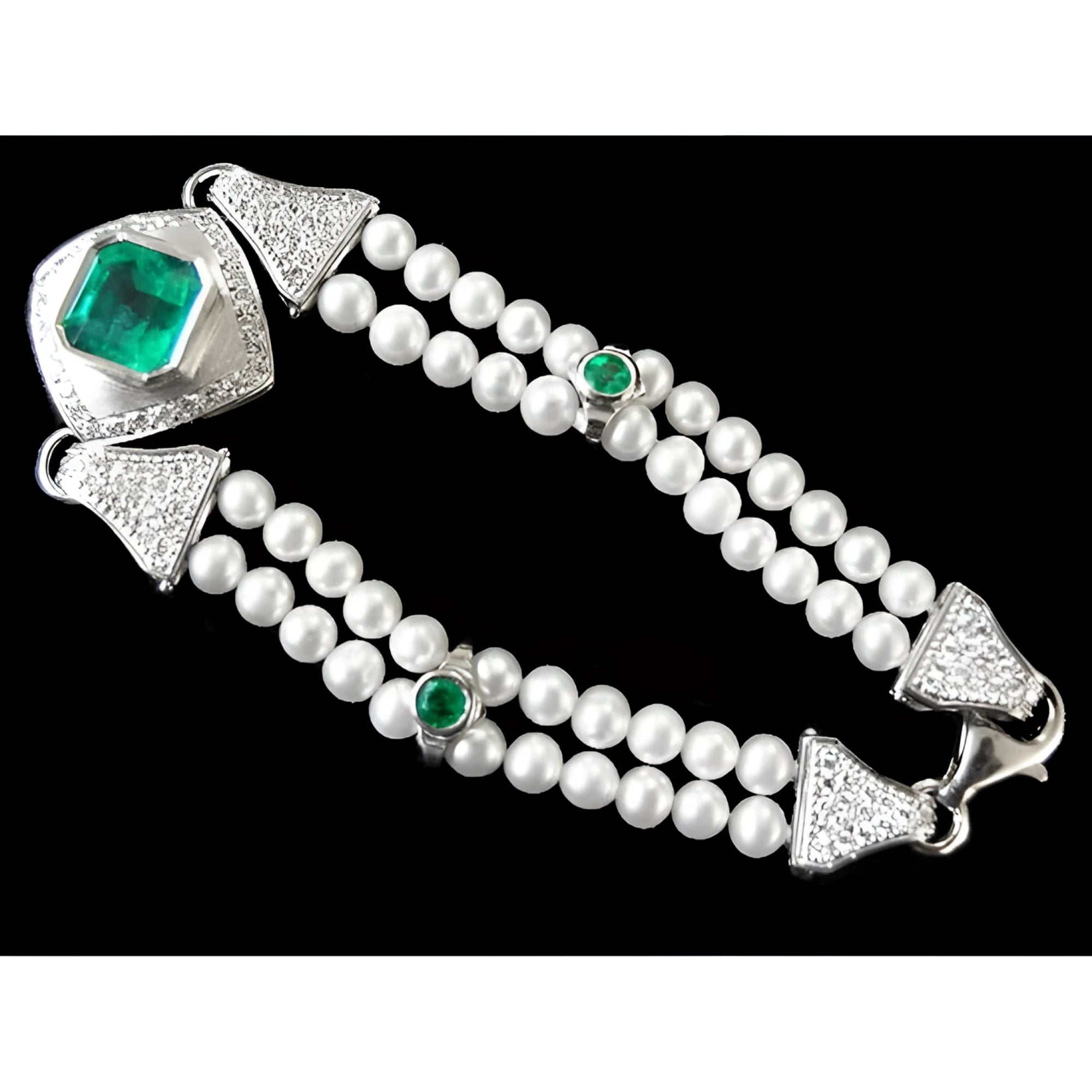 18K white gold emerald and pearl bracelet with diamonds, featuring a large bezel-set emerald.
