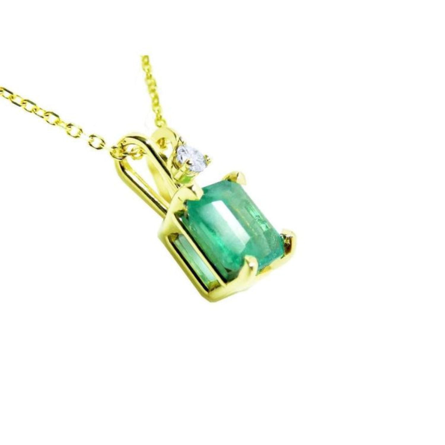 1.71 ct. emerald-cut emerald pendant in 14K yellow gold with diamond accent bail.