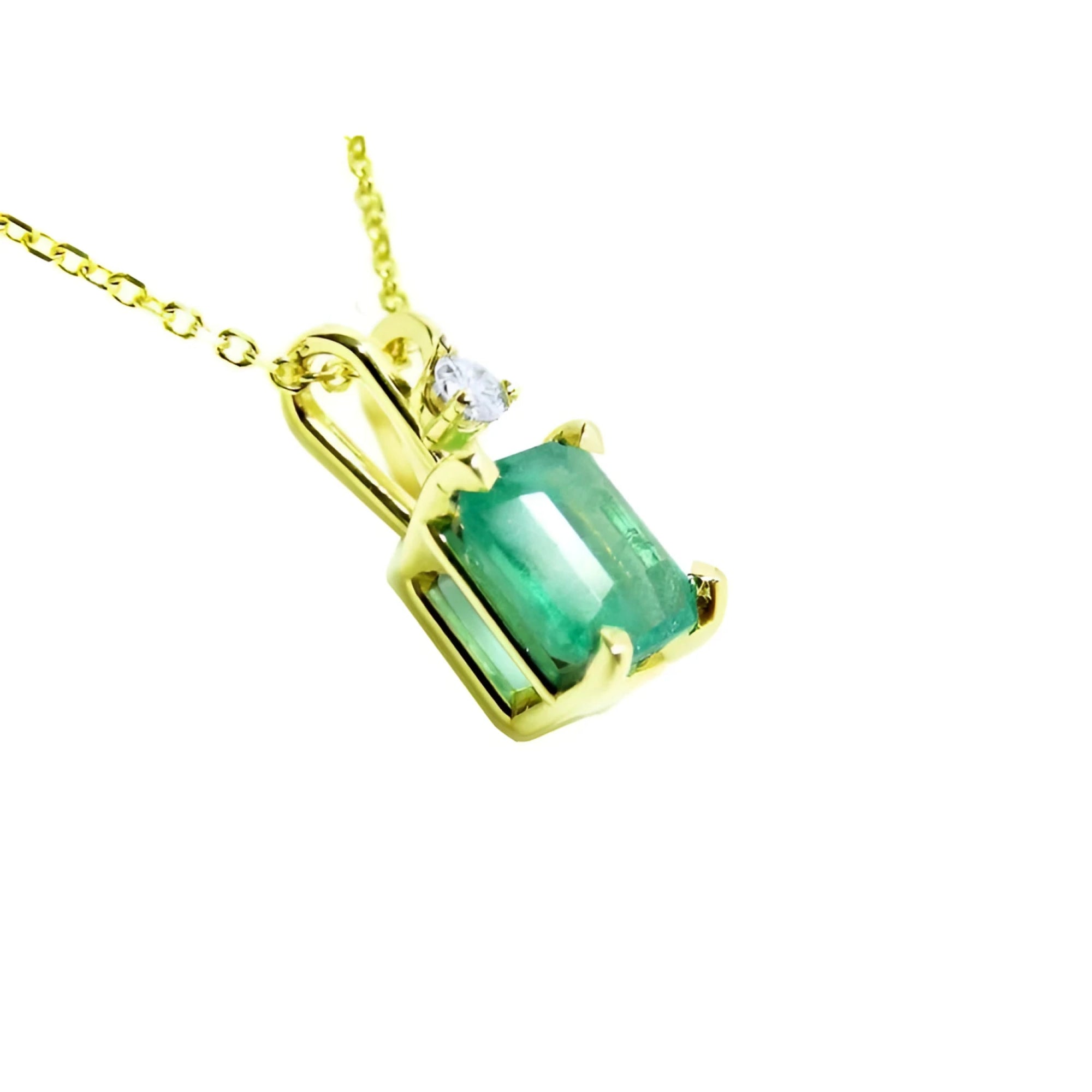 1.71 ct. emerald-cut emerald pendant in 14K yellow gold with diamond accent bail.