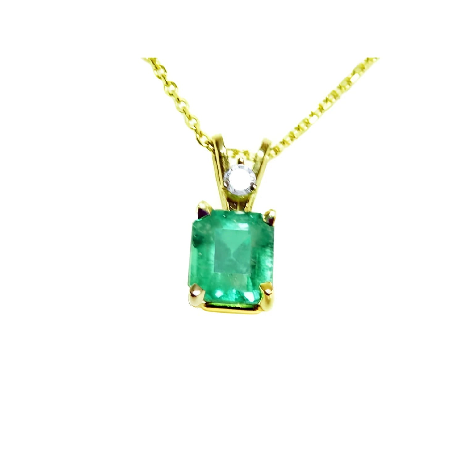 This natural emerald-cut colombian emerald pendant made of yellow gold is showing its topside.