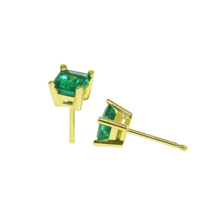 Pair of square emerald stud earrings in 14K yellow gold with basket settings.