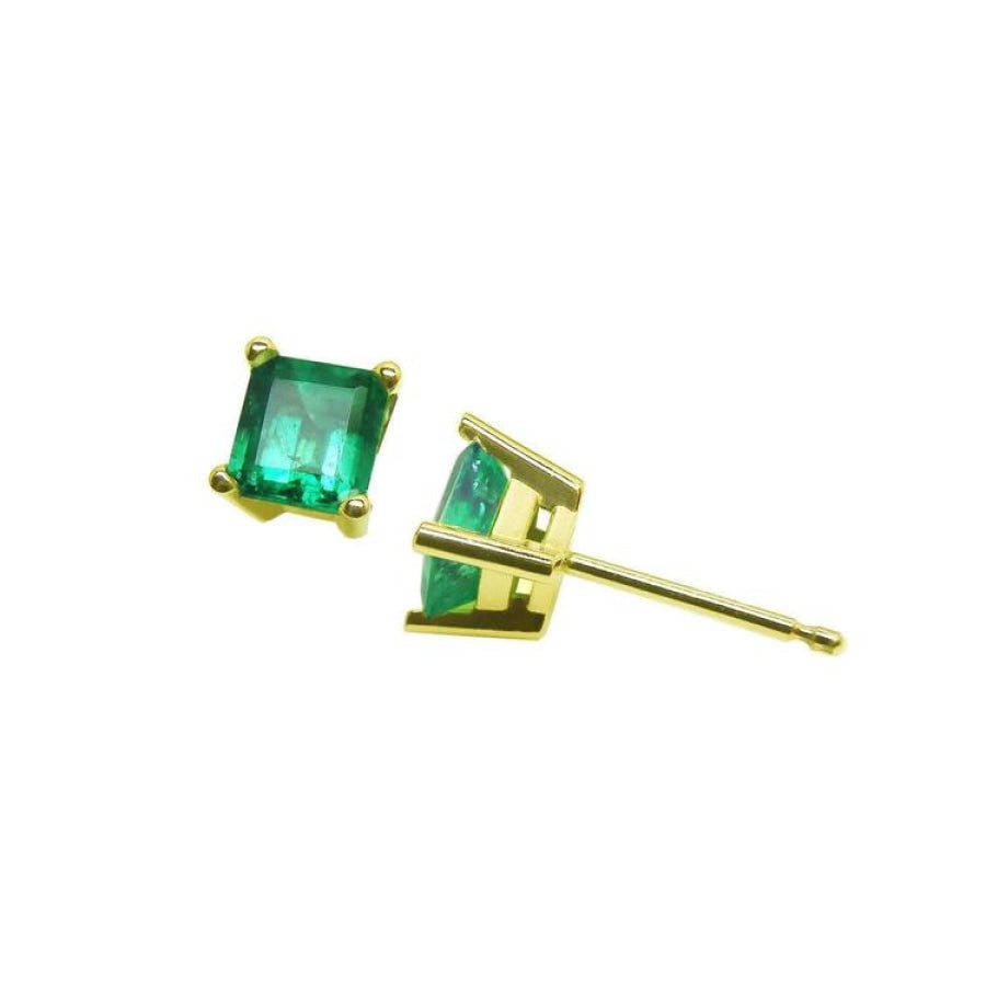Pair of square emerald stud earrings in 14K yellow gold, featuring vibrant green gemstones.