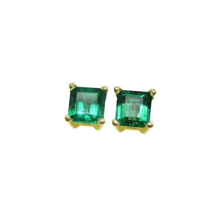 14k yellow gold square natural colombian emerald Muzo mine stud earrings.