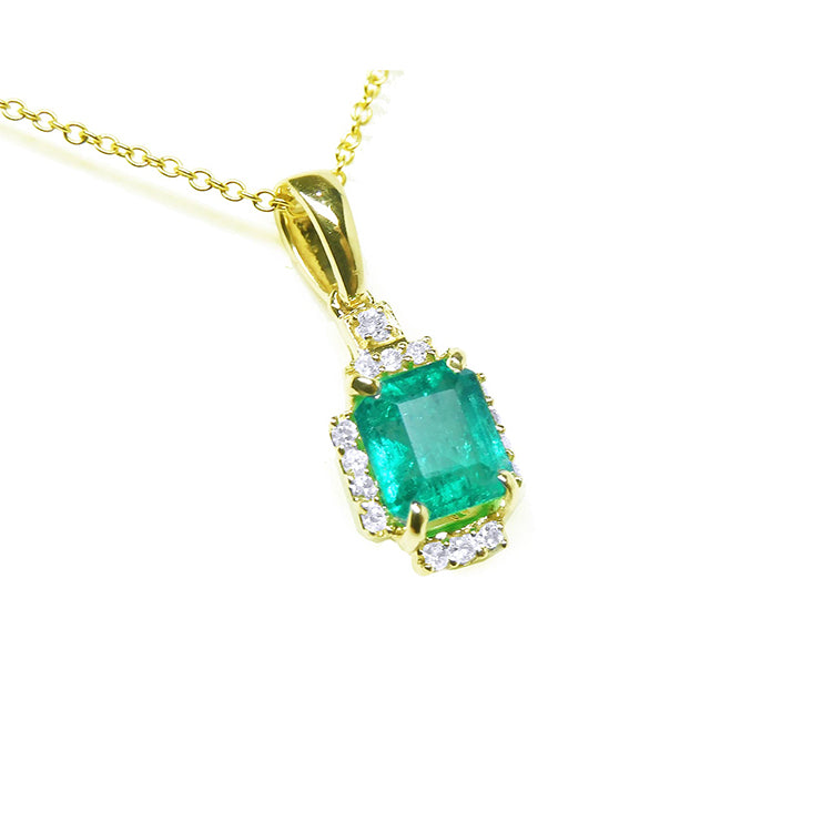 Women's Natural Colombian emerald and diamonds necklace emeral-cut crafted in 14k yellow gold