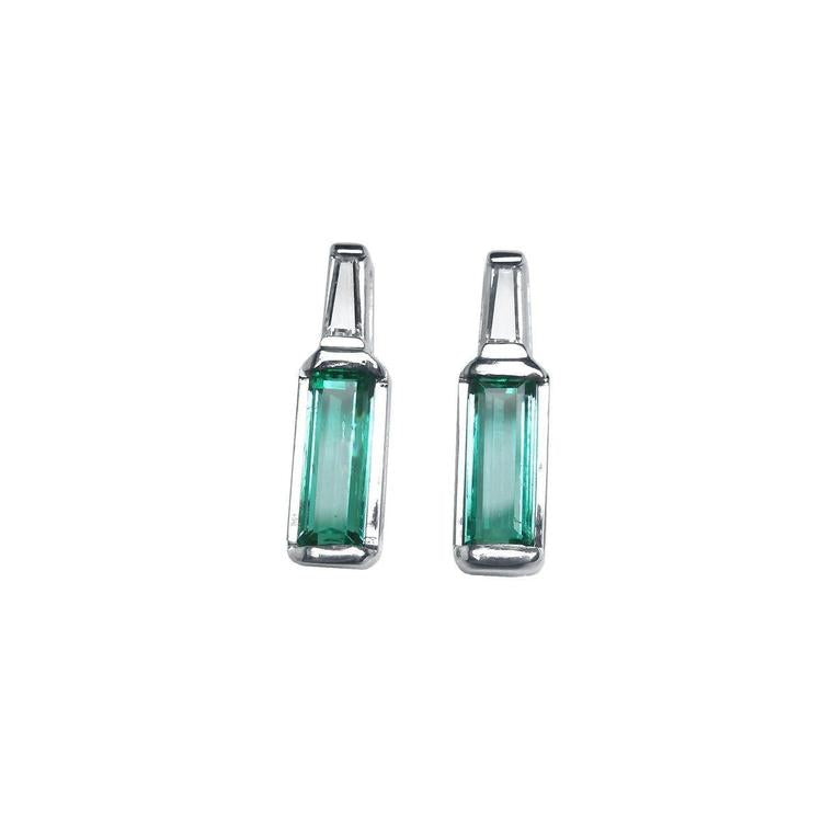 Two Greenfire 14k white gold baguette cut emerald stud earrings, front position top view.