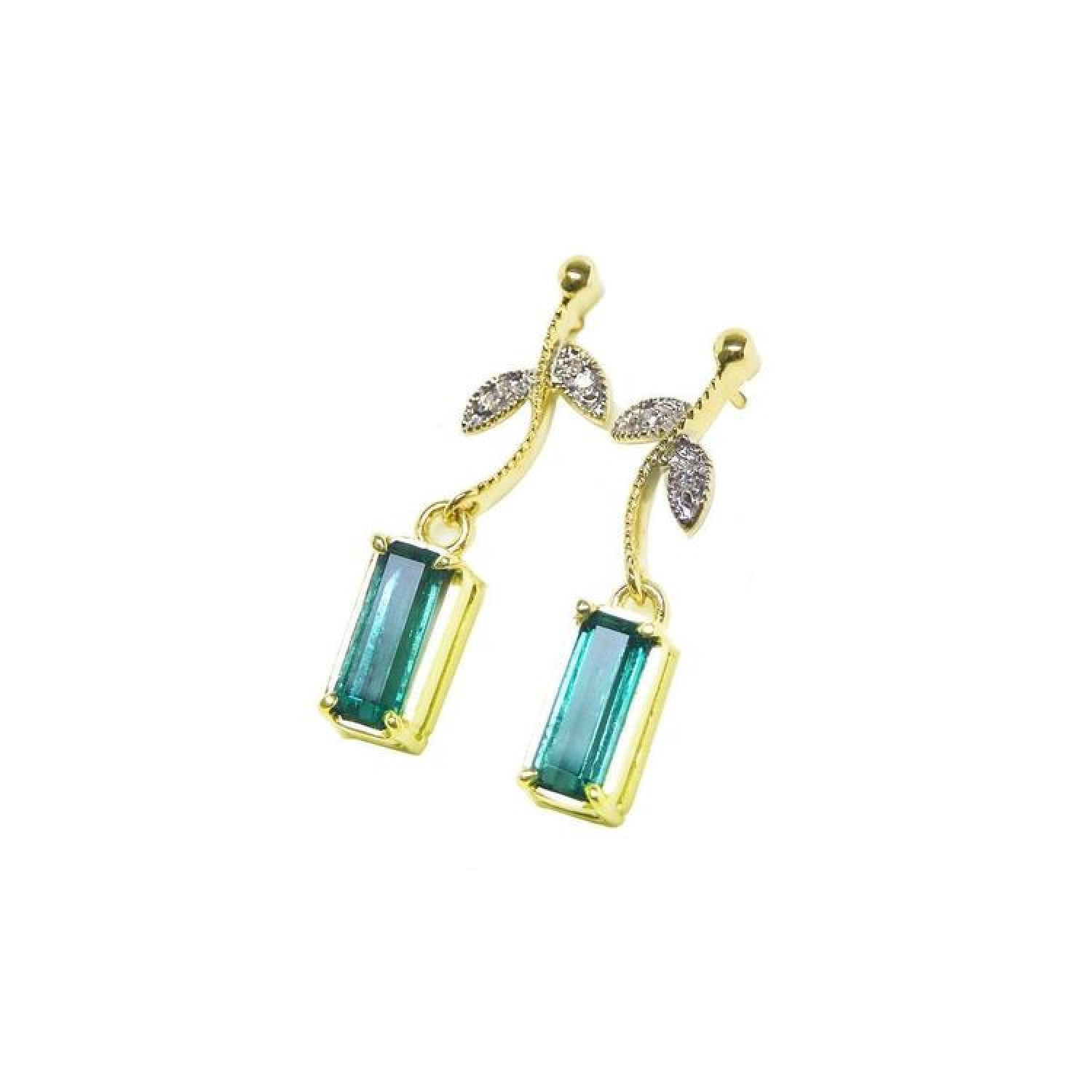14K gold stud emerald leaf earrings with rectangular Colombian emeralds and diamonds.