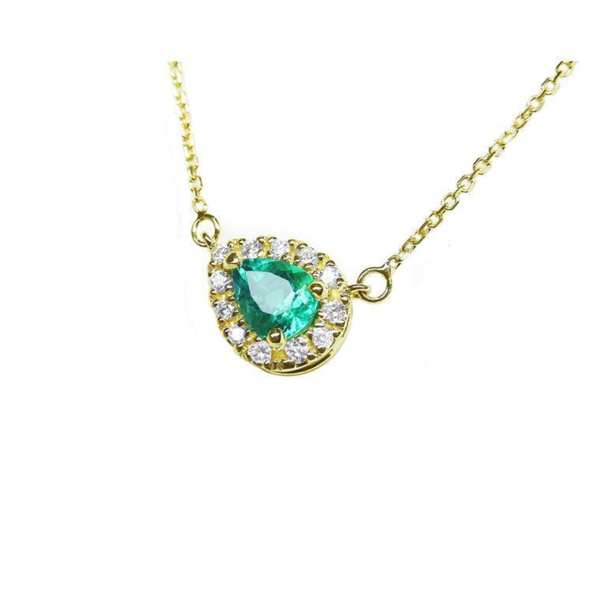 Emerald pear shaped necklace with diamond halo on 14K yellow gold chain.