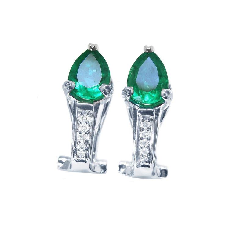 Pair of emerald pear cut colombian emerald clip-on earrings white gold front and side positions view