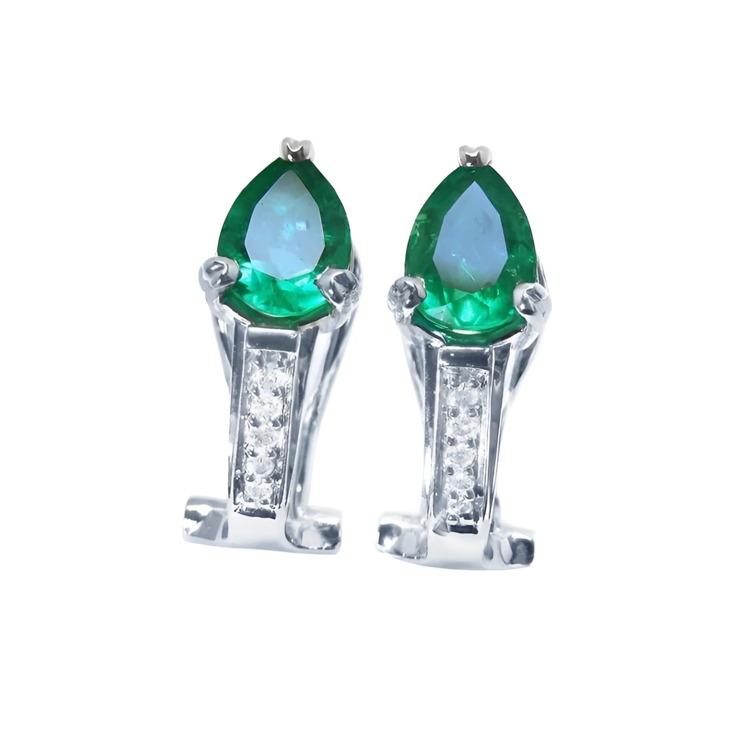 A pair of pear-cut Colombian emerald clip-on earrings crafted from 14k white gold.