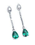 14k white gold Colombian emerald dangle earrings with pear shaped front position top side view