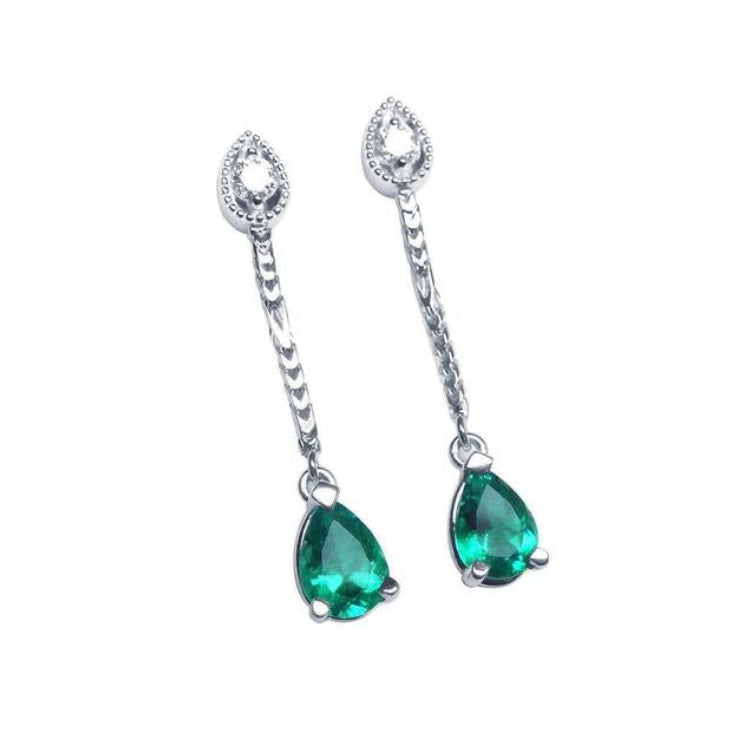 Pear-shaped Muzo Colombian emerald dangle earrings in 14K white gold with diamond posts.