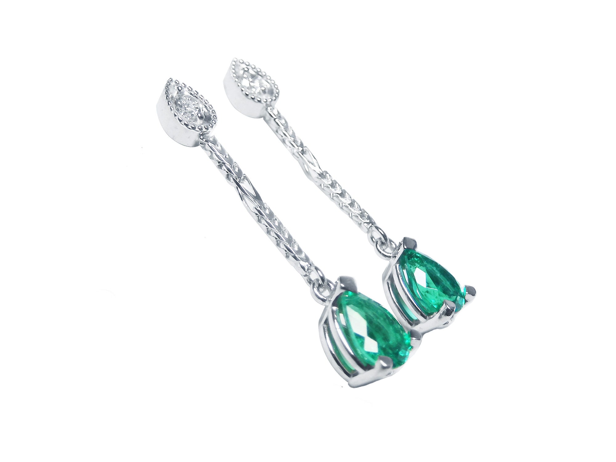 Pair of natural teardrop emerald dangle earrings right side position underside view
