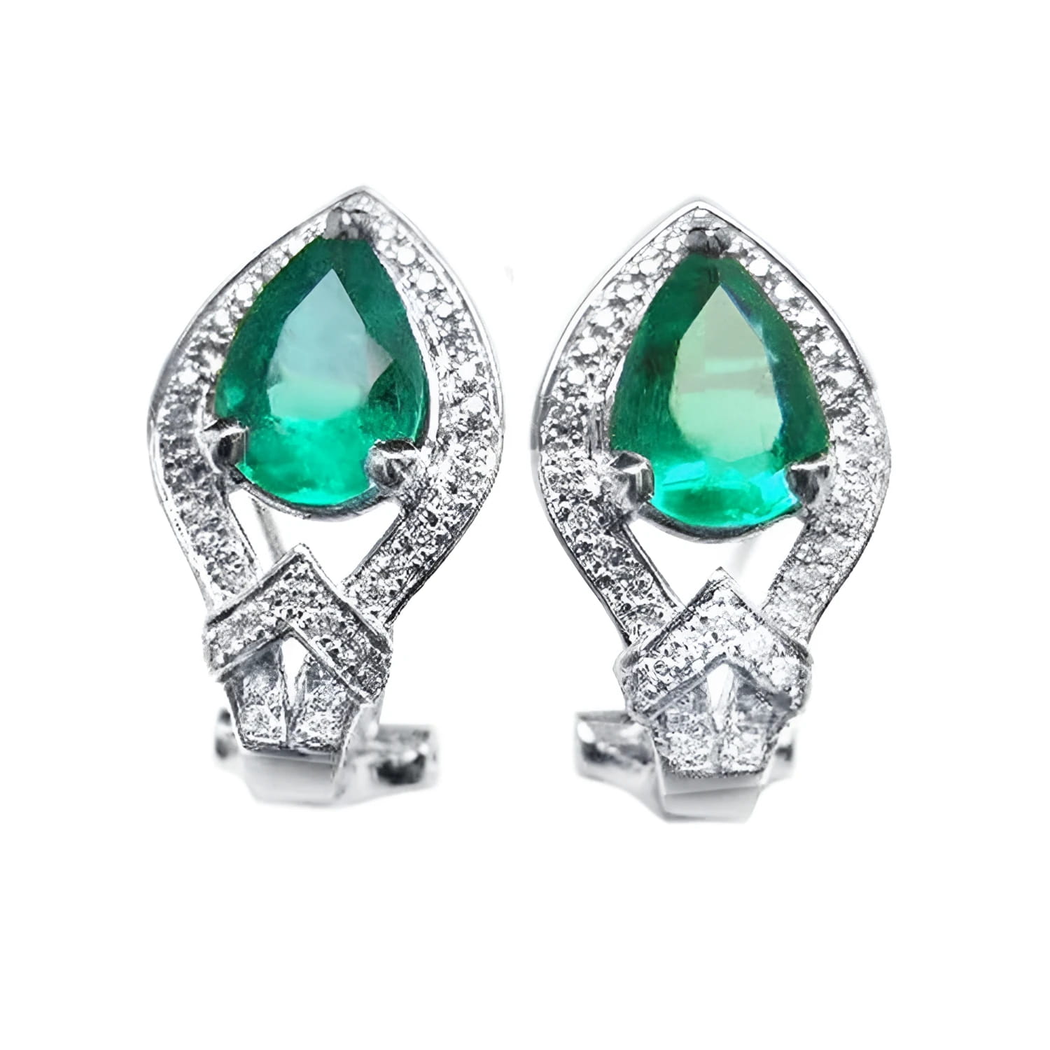 Pair of teardrop natural colombian emerald clip-on earrings with halo diamonds in 14k white gold.