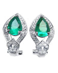 Pair of teardrop natural colombian emerald clip-on earrings with halo diamonds in 14k white gold.